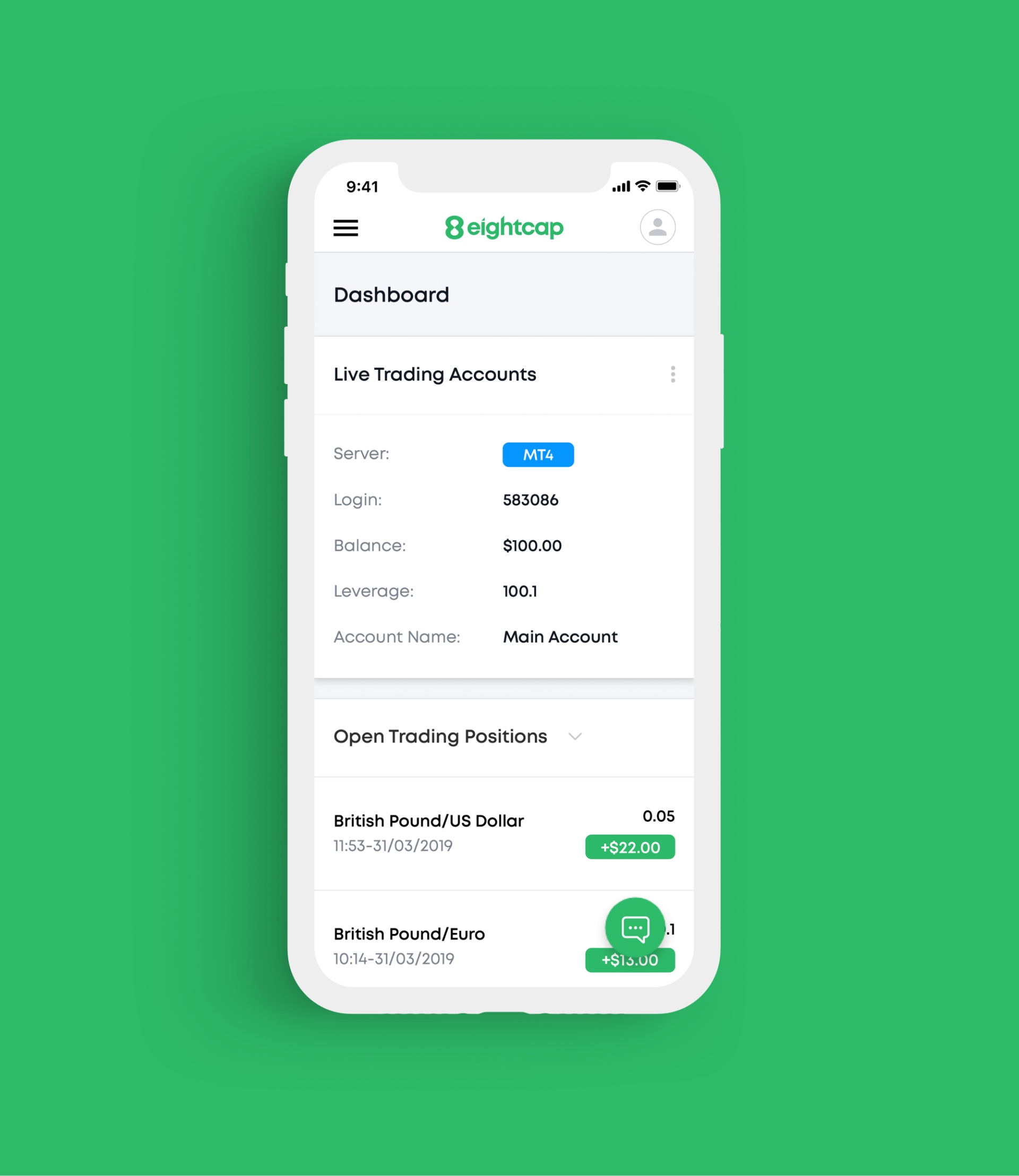 mobile view of live trading accounts page