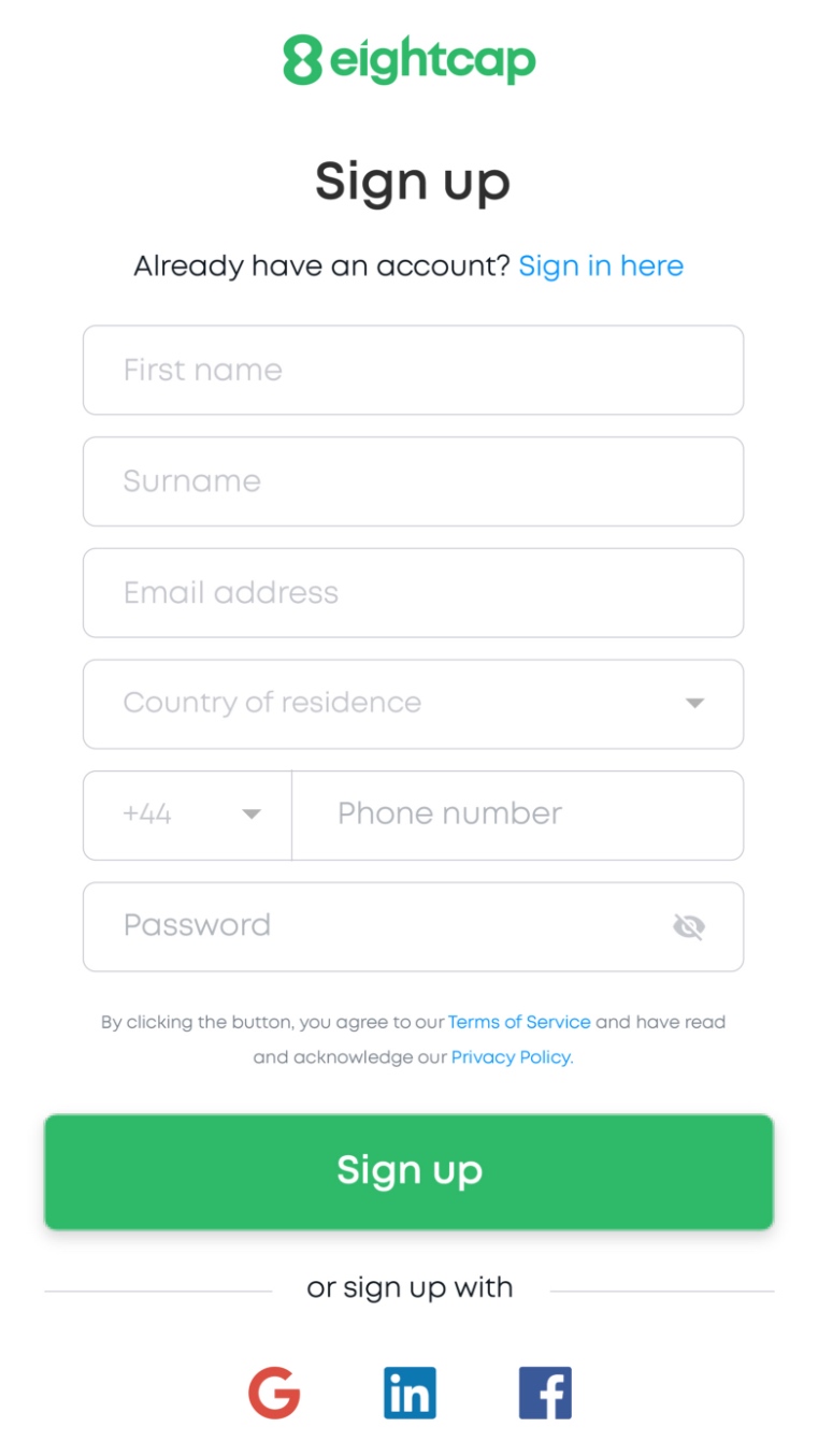 mobile sign up screen