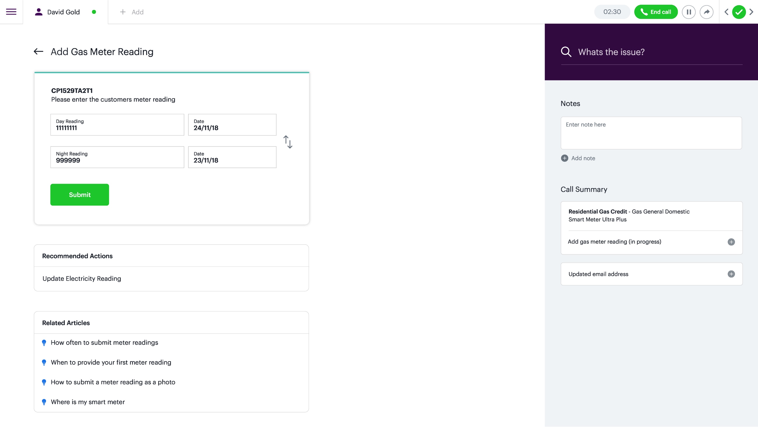 Customer Gas Reading page